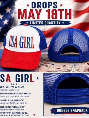 USA Girl Hat 🇺🇸 Trucker Cap Red White Blue Mesh Snapback Summer